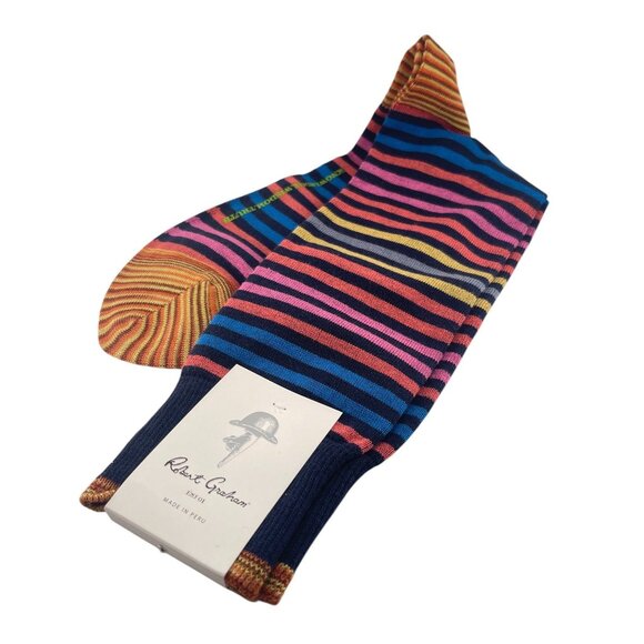 Robert Graham Mens Hillside Striped Crew Socks Navy Pima Cotton Blend - Picture 6 of 6